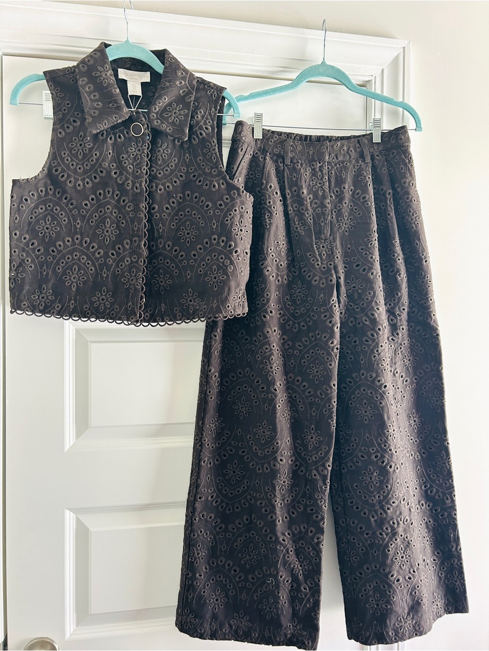 NWT 🤎✧ Caroline Constas ✧🤎 Brown Eyelet Embroidered Vest & Wide-Leg Pants Set S